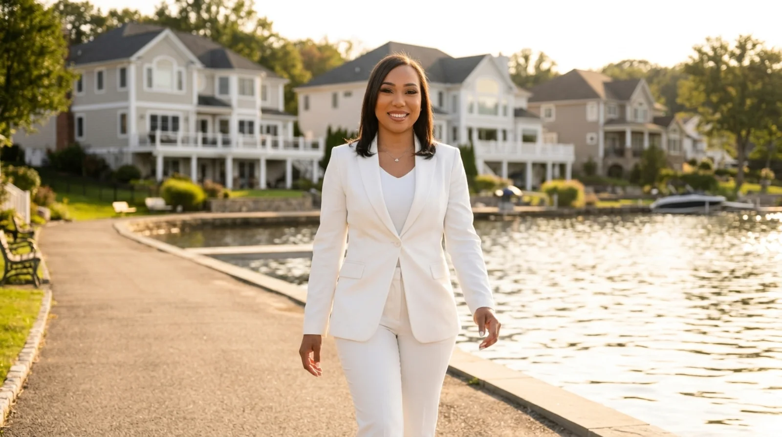 Steffany Marquez at a Wayne lake community at golden hour